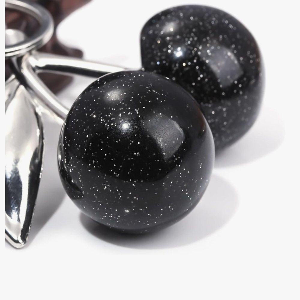 Glitter Cherries Large Black Silver Bag Charm Keychain Ring Pendant - Picture 2 of 6